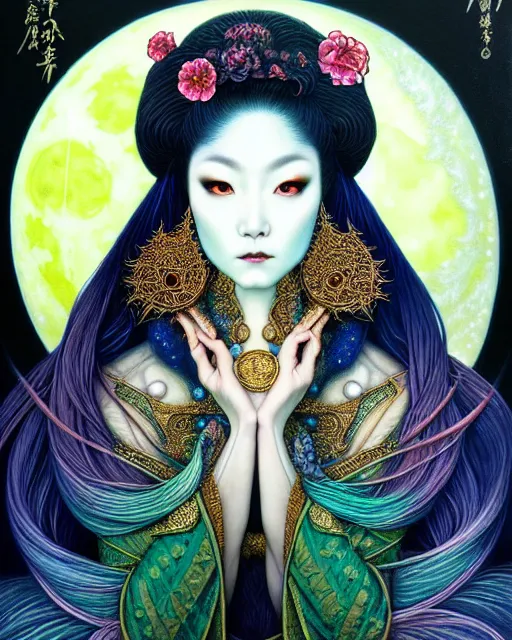 Prompt: portrait of a beautiful moon goddess, unusual beauty, esoteric, other worldly colors, head in focus, fantasy art, ornamental aesthetics, intricate, elegant, highly detailed, hyperrealistic painting, artstation, concept art, painterly, sharp focus, illustration, art by chie yoshii