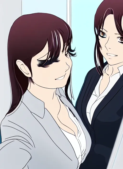 Image similar to a mirror selfie of two beautiful office ladies, gorgeous faces, thick lines, cinematic lighting, detailed anime art