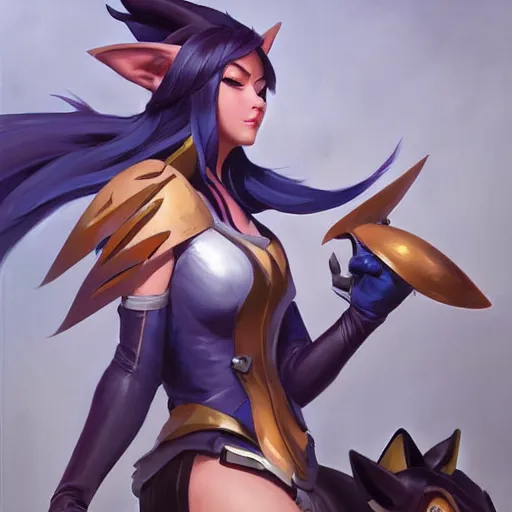 Prompt: greg manchess portrait painting of partially armored ahri as overwatch character, medium shot, asymmetrical, profile picture, organic painting, sunny day, matte painting, bold shapes, hard edges, street art, trending on artstation, by huang guangjian and gil elvgren and sachin teng