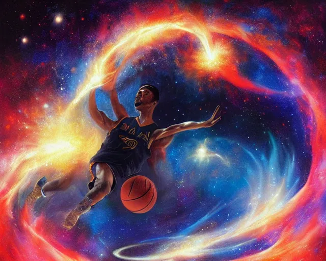 Image similar to cosmic basketball player dunking a basketball hoop in a nebula, an oil painting, by ( leonardo da vinci ) and greg rutkowski and rafal olbinski ross tran award - winning magazine cover