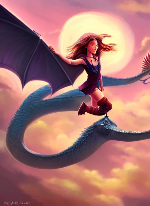 Image similar to painting of a girl flying on a dragon in a fantasy world, digital painting, hd, illustration, art by tokenin, trending