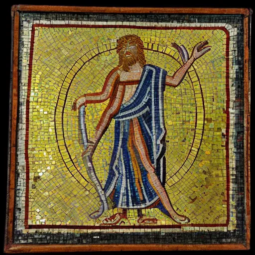 Prompt: antique mosaic depicting Dionysus illuminated by the sun