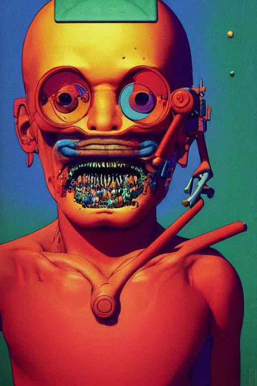Prompt: a colorful vibrant closeup portrait of a simple cyborg soldier licking a tab of LSD acid on his tongue and dreaming psychedelic hallucinations, by kawase hasui, moebius, Edward Hopper and James Gilleard, Zdzislaw Beksinski, Steven Outram colorful flat surreal design, hd, 8k, artstation