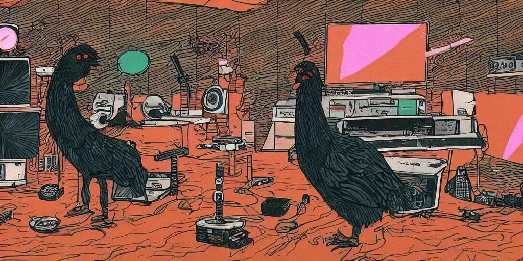 Image similar to 'black chicken'!!! smoking 'cannabis!!!!!!' in front of 'audio console'!!!! and 'multi monitors!!!!!!' in a tv broadcasting studio, artwork by James Gilleard