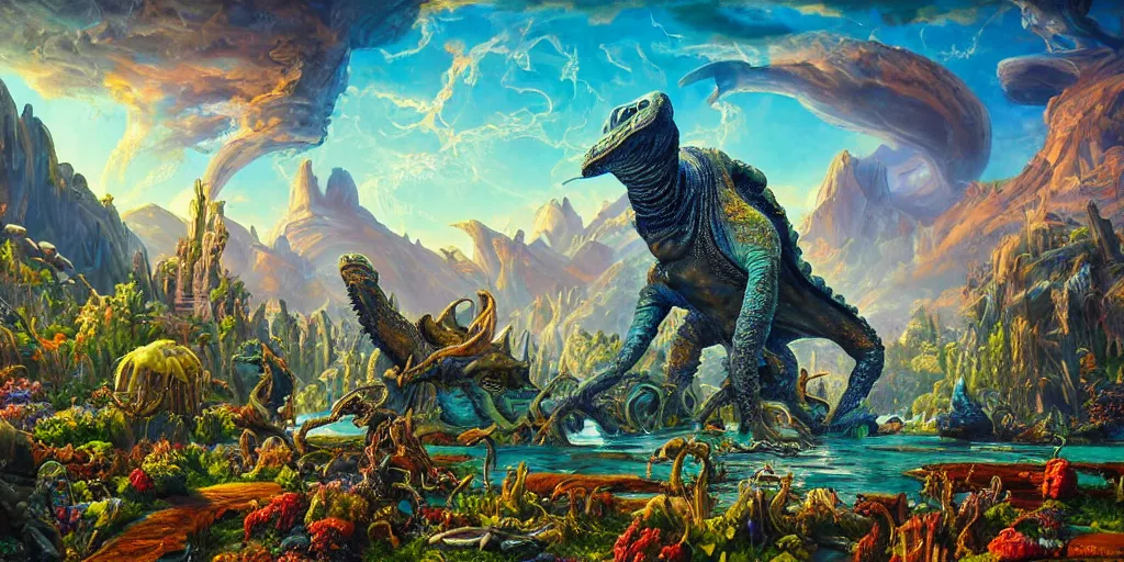 Image similar to fantasy oil painting, great leviathan, cybernetic turtle cephalopod terrapin reptilian pachyderm squid, bella hadid, hybrid, milla jovovich, anubis, epic natural light, lush plants flowers, spectacular mountains, bright clouds, luminous sky, outer worlds, golden hour, michael cheval, edward hopper, michael whelan, vray, hd