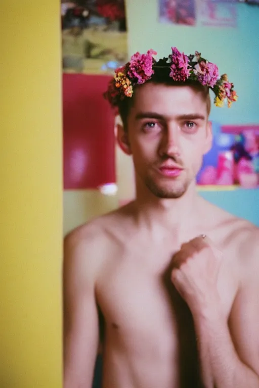 Image similar to agfa vista 4 0 0 photograph of a skinny blonde guy standing in a cluttered 9 0 s bedroom, flower crown, back view, grain, moody lighting, moody vibe, telephoto, 9 0 s vibe, blurry background, vaporwave colors!, faded!,