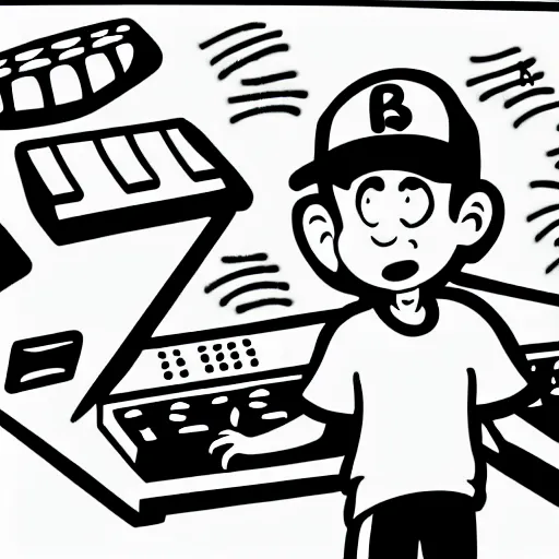 Prompt: cartoon line drawing illustration, in fine detail, of a kid wearing a baseball cap, playing a Korg MS-20 synthesizer, in the style of The Beano, sharpie, black and white, long shot, white background, graffiti marker, graffiti character, 90s cartoon,