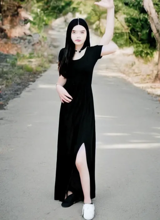 Prompt: a 1 4 year old girl with straight long black hair wearing black dress