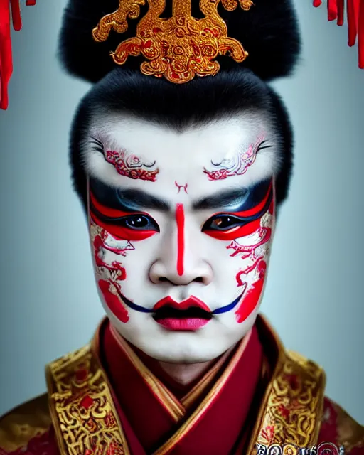 Image similar to photo of a Dramatic Peking Opera male character wearing elaborate makeup with Sanskrit devanagari script words painted on face in the style of stefan kostic, realistic, sharp focus, symmetric, 8k high definition, insanely detailed, intricate, elegant, art by stanley lau and artgerm, William-Adolphe Bouguereau