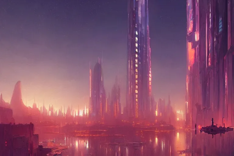 Prompt: a beautiful oil painting of a futuristic city in a serene landscape at night under the horizon line in the upper third by john howe and albert bierstadt and alena aenami and dan mumford and dave noton, unreal engine, trending on behance