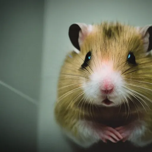 Image similar to hamster in the dark bathroom without lights, mood, creepy, realistic photography, high quality image, hyper detailed