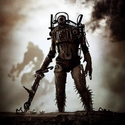 Image similar to ant humanoid, post-apocalyptic, mad max style, top cinematic lighting , cinematic mood, very detailed,