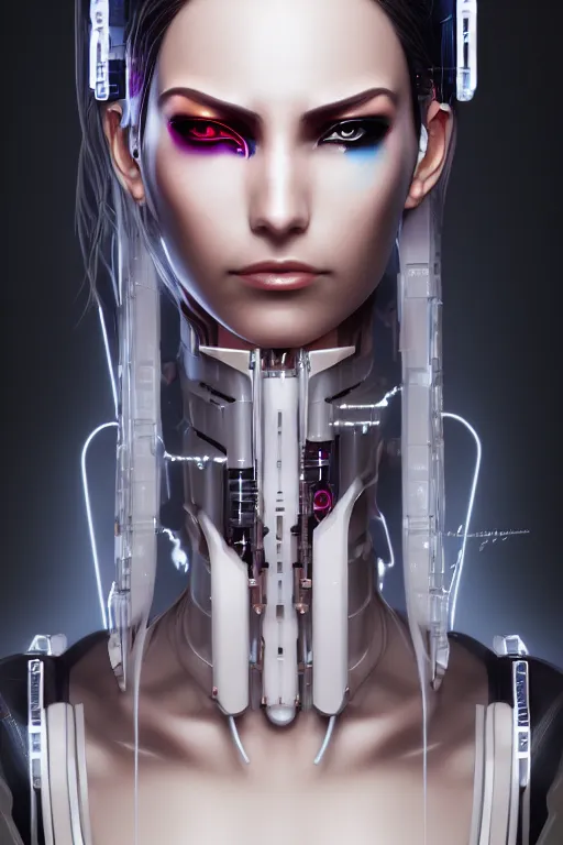 Prompt: portrait of a cyberpunk woman with biomechanichal parts by Artgerm, 35mm focal length, hyper detailled, 4K