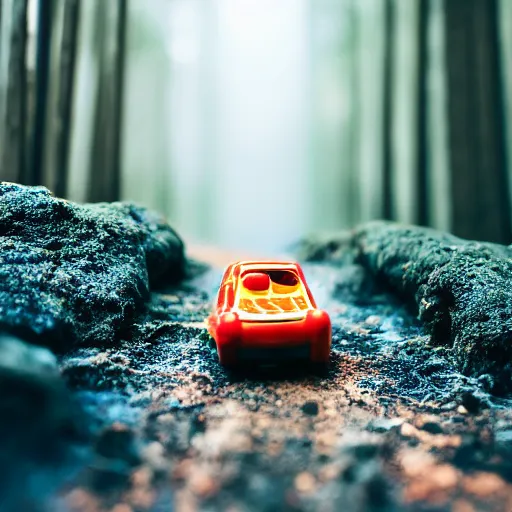 Image similar to macro photography of a toy hot wheels car driving through a forest fire, 3 5 mm