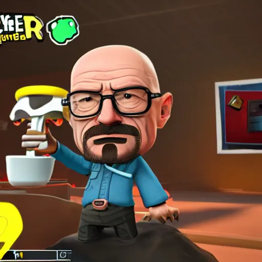 Image similar to walter white in the style of a splatoon character, in game screenshot, unreal engine, high definition