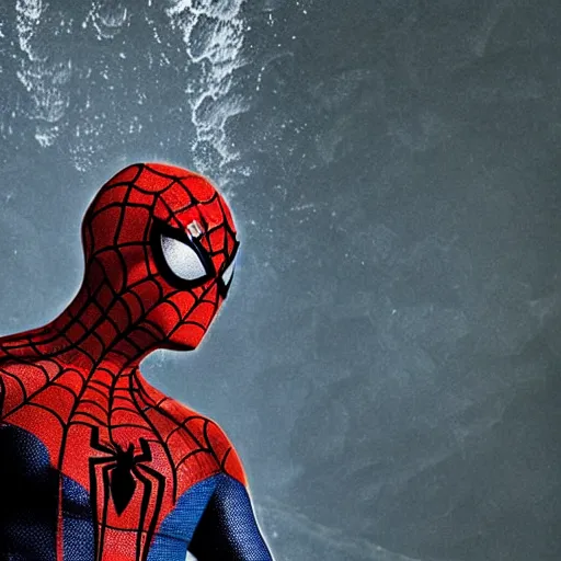 Image similar to head of the spiderman emerges from a lava lake, cave background, high detail, lava reflections, cave reflecting in the lava lake, dramatic shot