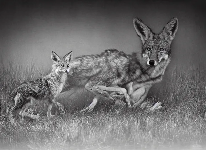 Image similar to Award winning Editorial photo of a Iroquois Native petting a wild coyote by Edward Sherriff Curtis and Lee Jeffries, 85mm ND 5, perfect lighting, gelatin silver process