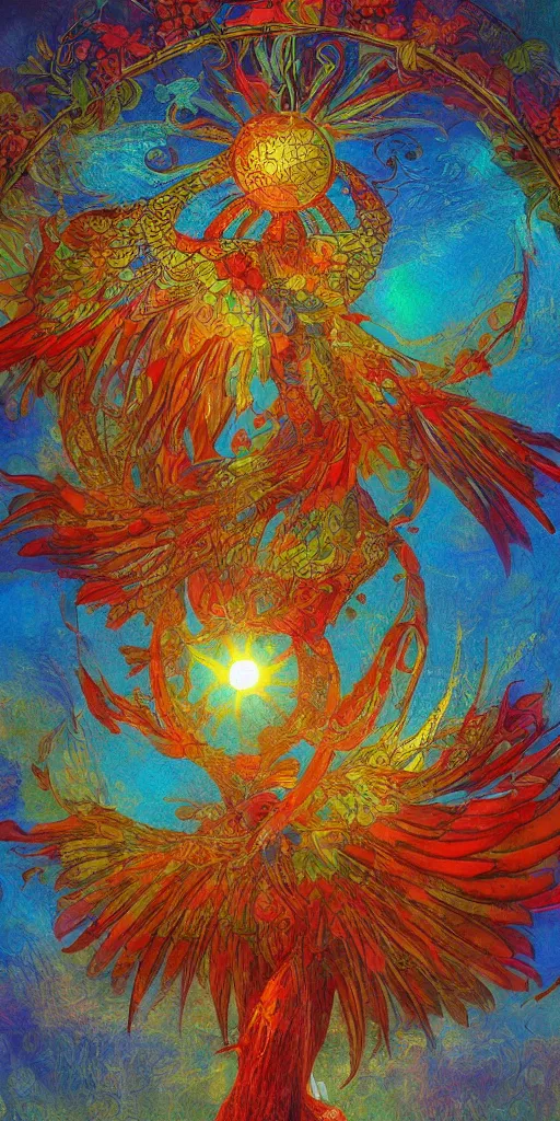 Image similar to the solarpunk phoenix, red bird, ornate egg, regeneration, landscape, epic composition, volumetric light, bokeh, inspired by monet and by alphonse mucha