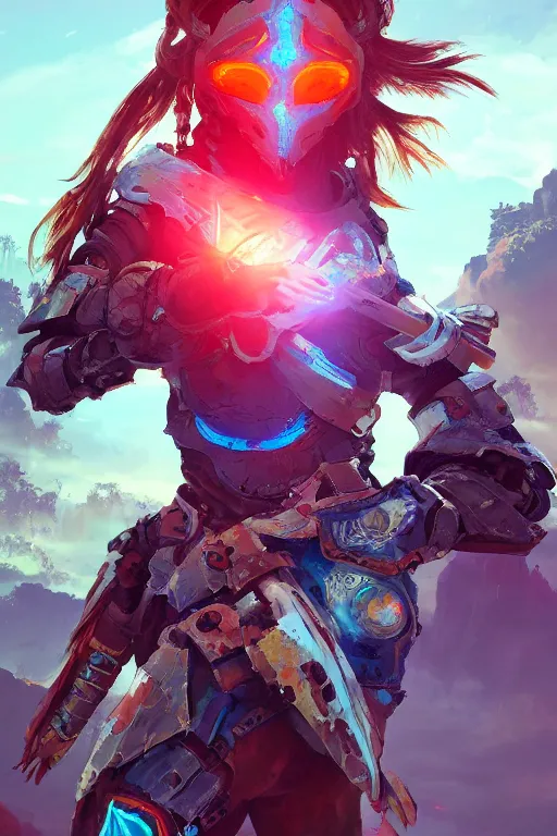 Image similar to combination suit armor aloy horizon forbidden west horizon zero dawn radiating a glowing aura global illumination ray tracing hdr fanart arstation by ian pesty and alena aenami artworks in 4 k tribal robot ninja mask helmet backpack