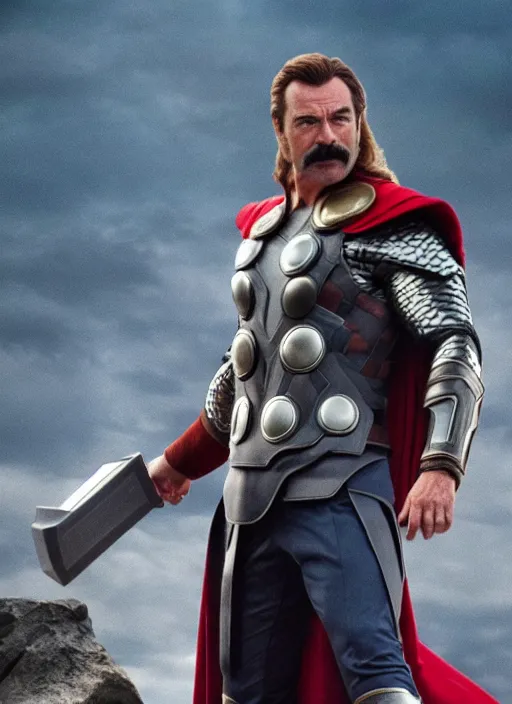 Image similar to film still of tom selleck as thor in thor, 4 k