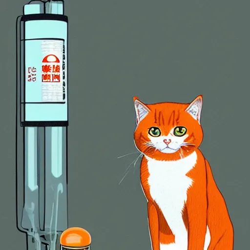 Image similar to an orange tabby cat starting at a syringe at the vet by ilya kuvshinov katsuhiro otomo