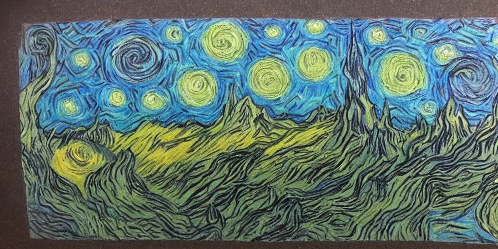 Prompt: doodle chalk drawing of a alien landscape with strange life forms, in the style of Van Gogh, detailed