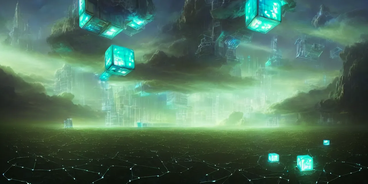 Prompt: a fleet of giant glowing futuristic cubes tied to each other with lots of glowing chains in the sky, thick glowing chains, light rays bouncing between cubes, a fantasy magical landscape seen in the distance, atmospheric lighting, intricate, volumetric lighting, beautiful, sharp focus, ultra detailed, in the art style of marc simonetti, bowater charlie and brom gerald, astrophotography