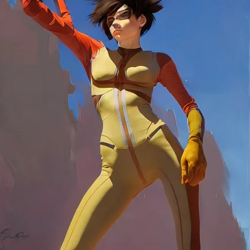 Image similar to greg manchess painting of tracer wearing a skintight suit, medium shot, organic painting, sunny day, bold shapes, hard edges, street art, trending on artstation, by huang guangjian and gil elvgren and sachin teng and artgerm and greg rutkowski and alphonse mucha