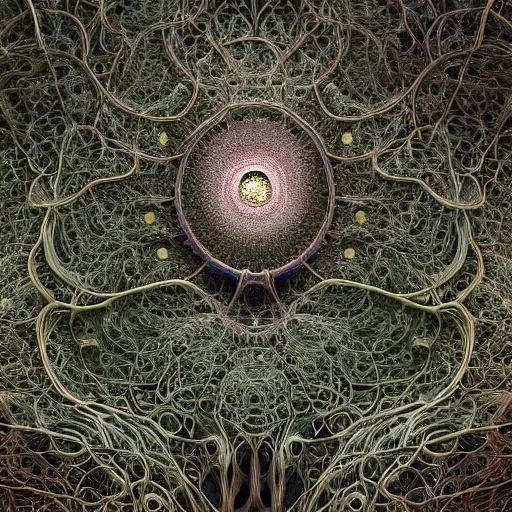 Image similar to an intricate and detailled illustration close - up of intricate fractal mandelbulb made of smoke and vines, lot of eyes, rendered in cinema 4 d, by esao andrews and karol bak and zdzislaw beksinski and zdzisław beksinski, trending on art station