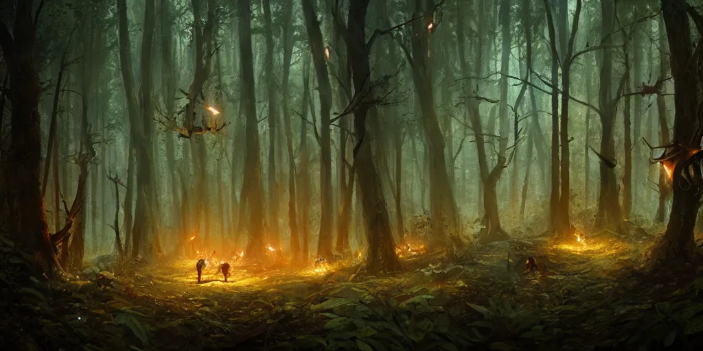 Prompt: fire flies in an ancient dark forest, greg rutkowski, 8 k, shallow depth of field, ultra high detail, concept art,