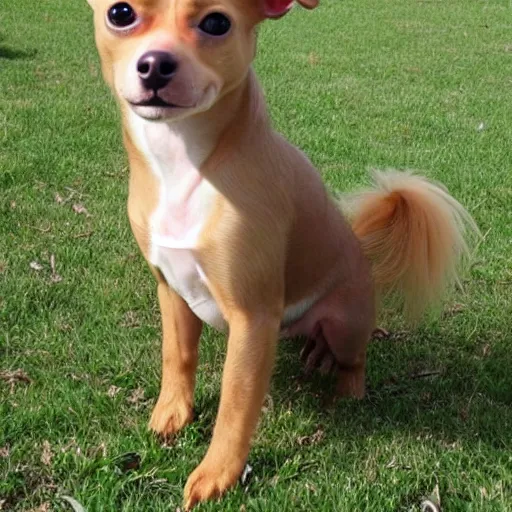 Image similar to fully grown tan pit bull, long - haired chihuahua, pomeranian mix