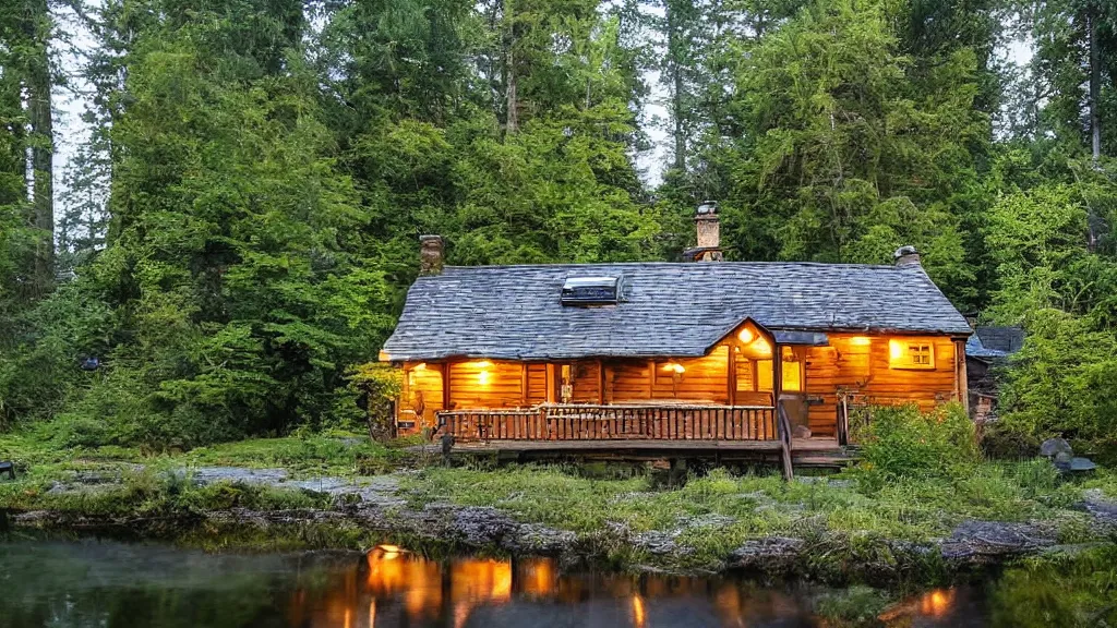 Prompt: small wooden cottage in the forest, chairs the porch, smoke coming out of the chimney, dusk, redwood trees, peaceful, river running past the cottage, a wooden rowing boat, galaxy in the night sky