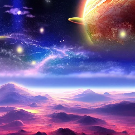 Image similar to anime style hd wallpaper of outer space, stars and a view of a mirrored planet