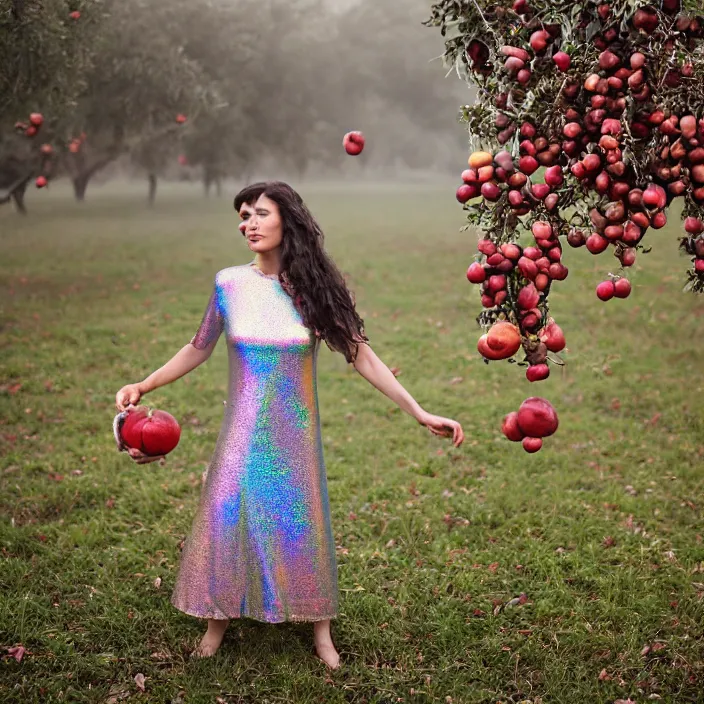 Image similar to a closeup portrait of a woman wearing a dress made of iridescent holographic vinyl, picking pomegranates from a tree in an orchard, foggy, moody, photograph, by vincent desiderio, canon eos c 3 0 0, ƒ 1. 8, 3 5 mm, 8 k, medium - format print