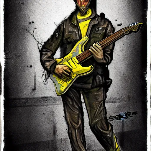 Image similar to stalker plays electric guitar, style of the game stalker, the background of the chernobyl nuclear power plant, smokes a cigar, 8 k, artstation