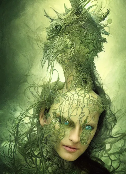 Prompt: fractal with green chins, physically accurate, moody dynamic lighting, very very intricate, very very elegant, highly detailed, digital painting, artstation, HR GIGER, Hieronymus Bosch, Francis Bacon, concept art, smooth, very beautiful, sharp focus, illustration, art by artgerm and greg rutkowski and alphonse mucha