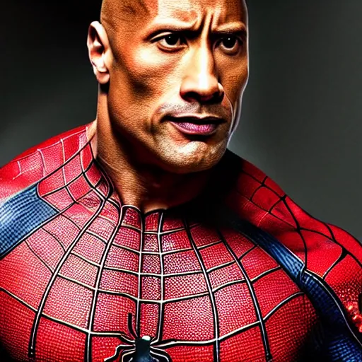 Prompt: dwayne johnson as spiderman, full body shot, highly - detailed, sharp focus, award - winning