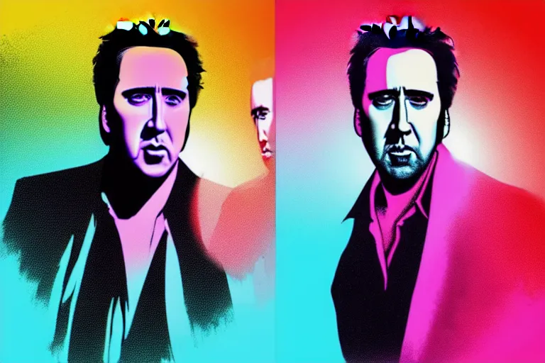 Image similar to nicolas cage in “ miami vice ” artwork, 4 k digital art, neon, 8 0's style