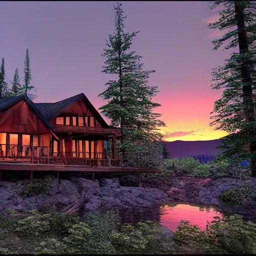 Image similar to Lodge in the Pacific Northwest forest, incredibly detailed, rendered in octane, river, sunset