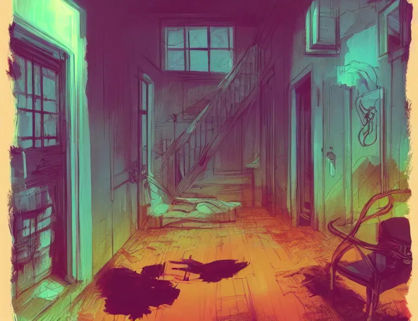 Prompt: psychological horror movie set. complementary colors, vaporwave, gouache, indie concept art, bloom, chiaroscuro, backlighting, intricate details.