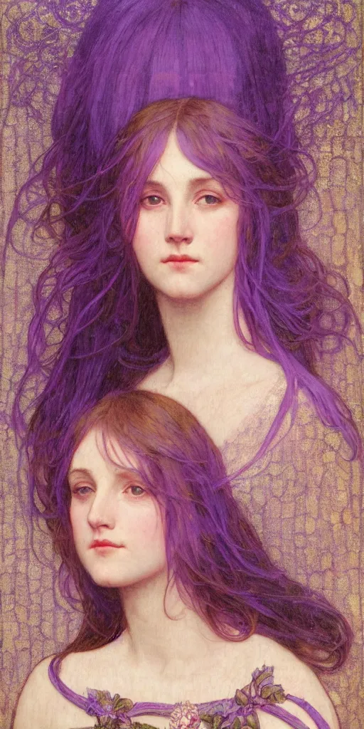 Image similar to purple, character portrait of purple, by waterhouse, by mucha, lean face, symmetrical face, face symmetry, cinematic lighting, beautiful, elegant, oil painting, cinematic, portrait, raphaelite, trending on artstation, intricate background