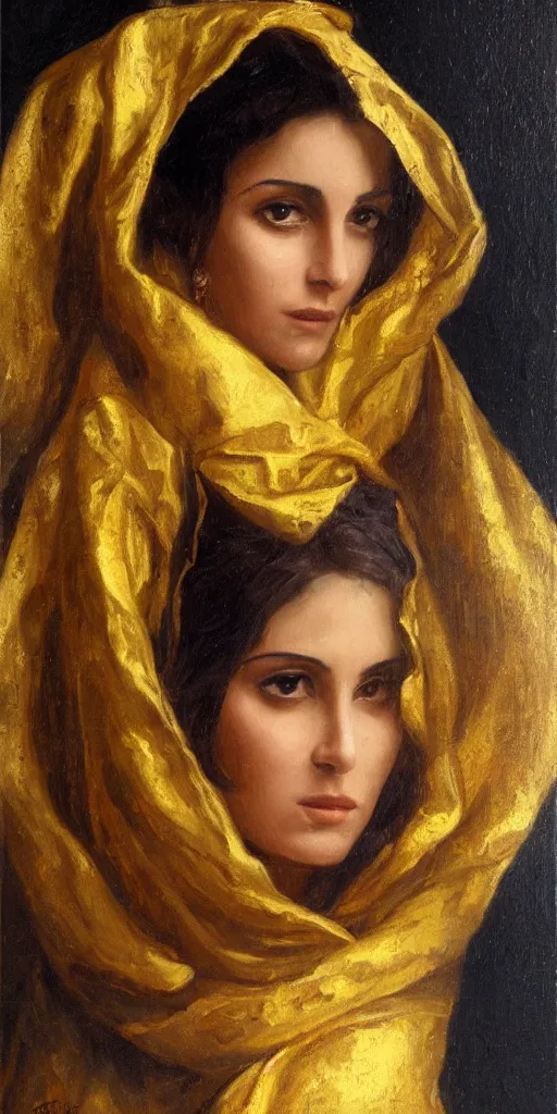 Image similar to romantic period style atmospheric oil painting of a middle eastern woman with intense eyes, wearing a golden veil