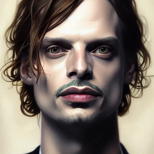 Image similar to symmetry portrait of matthew gray gubler, intricate, elegant, highly detailed, digital painting, artstation, concept art, smooth, sharp focus, illustration, art by artgerm and greg rutkowski and alphonse mucha