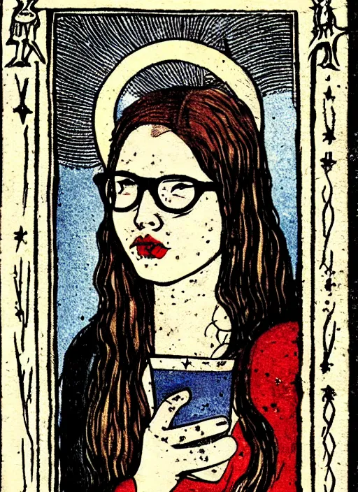 Prompt: a dark tarot card featuring border illustrations, text and a pale young woman, chubby, with long wavy red hair and trendy glasses standing in a room, incredibly detailed art, medieval, halloween