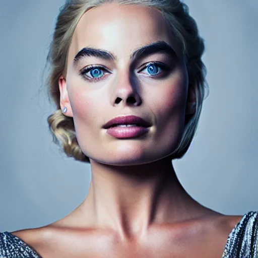 Image similar to A mix of margot robbie and khaleesi, portrait, highly detailed, professional photograph, studio lighting, sharp, 8k, HD