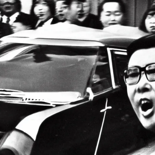 Image similar to 1960s press archive of middle-aged Kim Jong-il coming out of a car, face obscured, Reuters, 35mm film, film grain, mysterious exterior, motion blur, crowd, kaiju-eiga in the background, underexposed