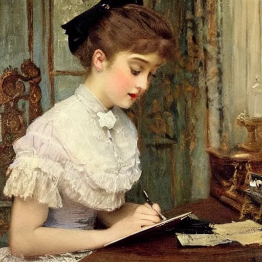 Image similar to victorian girl in ball gown writing a letter, painting by alfred stevens