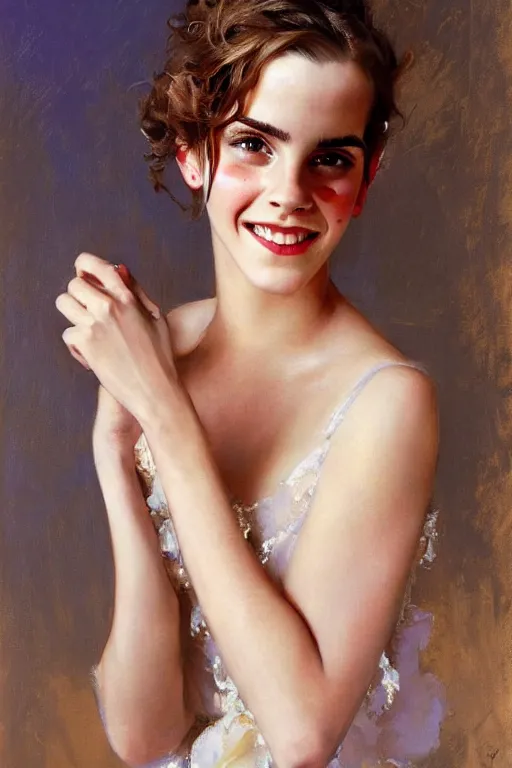 Prompt: smiling emma watson detailed portrait painting by gaston bussiere craig mullins j. c. leyendecker richard avedon