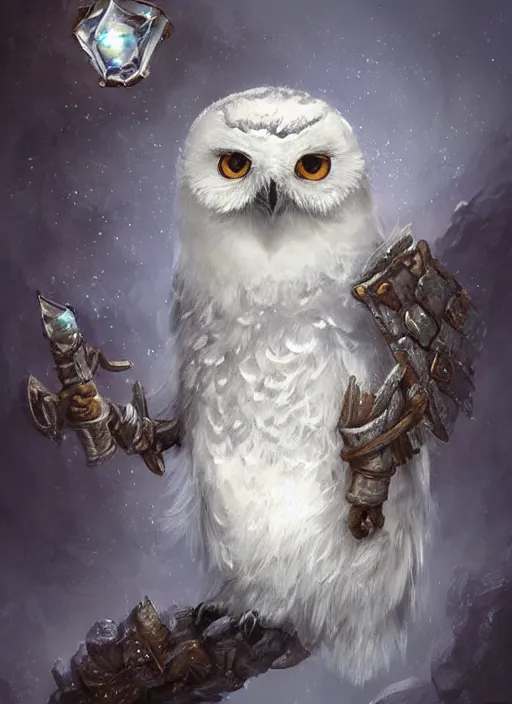 Image similar to cute little anthropomorphic snowy owl poet wearing forgotten crystal, tiny, small, miniature animal, baby animal, short, pale blue armor, cute and adorable, pretty, beautiful, DnD character art portrait, matte fantasy painting, DeviantArt Artstation, by Jason Felix by Steve Argyle by Tyler Jacobson by Peter Mohrbacher, cinematic lighting