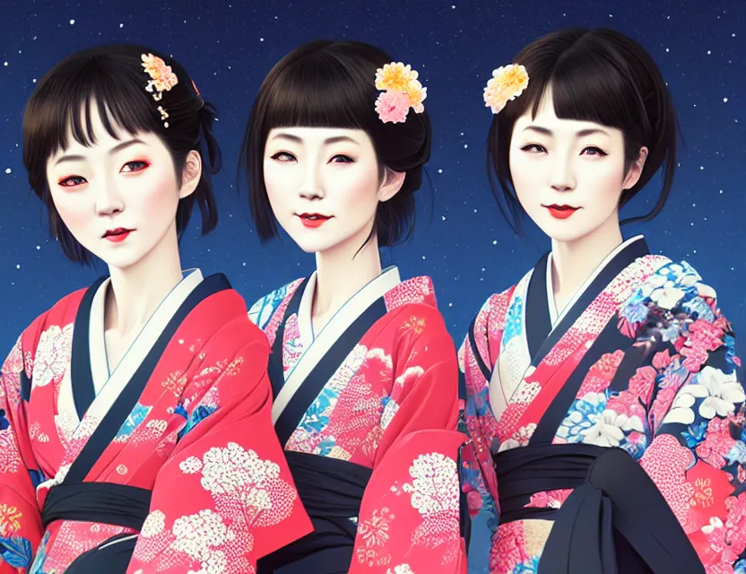 Image similar to two beautiful charming japan girls wear arty kimono in festival | | sunny night, full moon, dreamlike art, realistic shaded, smile, good looking, hyper details, 4 k realistic, cryengine, realistic shaded lighting poster by ilya kuvshinov, fuji choko, ross tran, 8 k resolution, trending on artstation, luxury